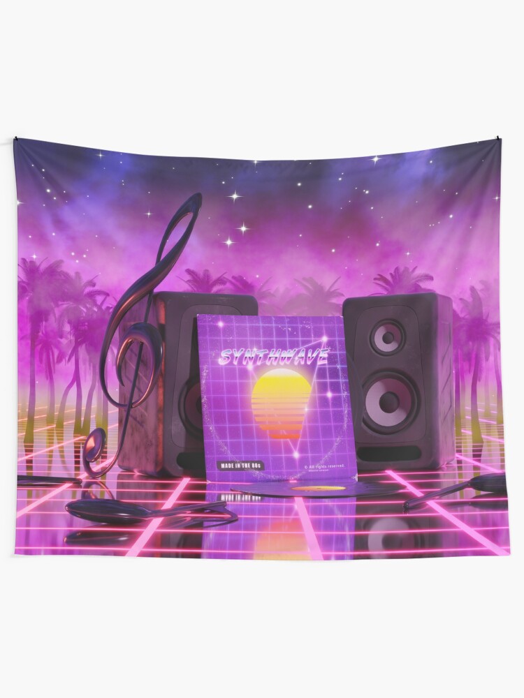 Alternate view of Synthwave music in music land with palm trees Tapestry