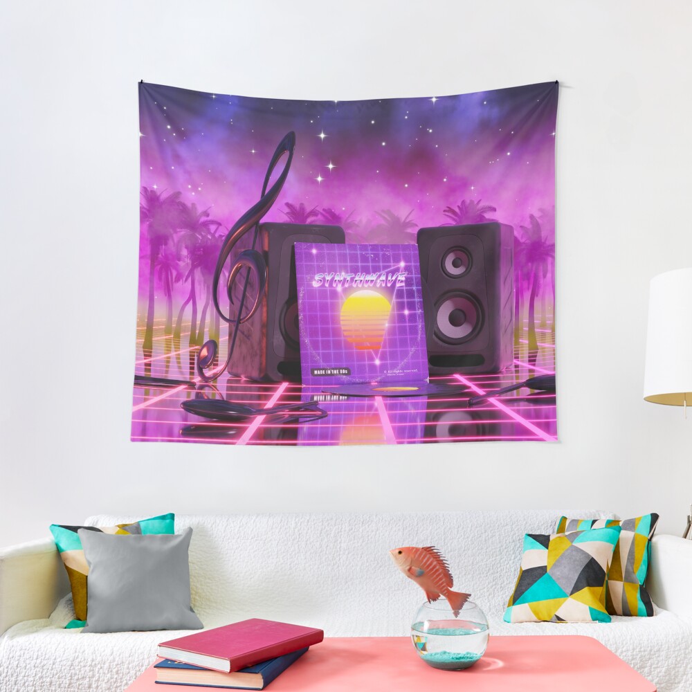 Synthwave music in music land with palm trees Tapestry