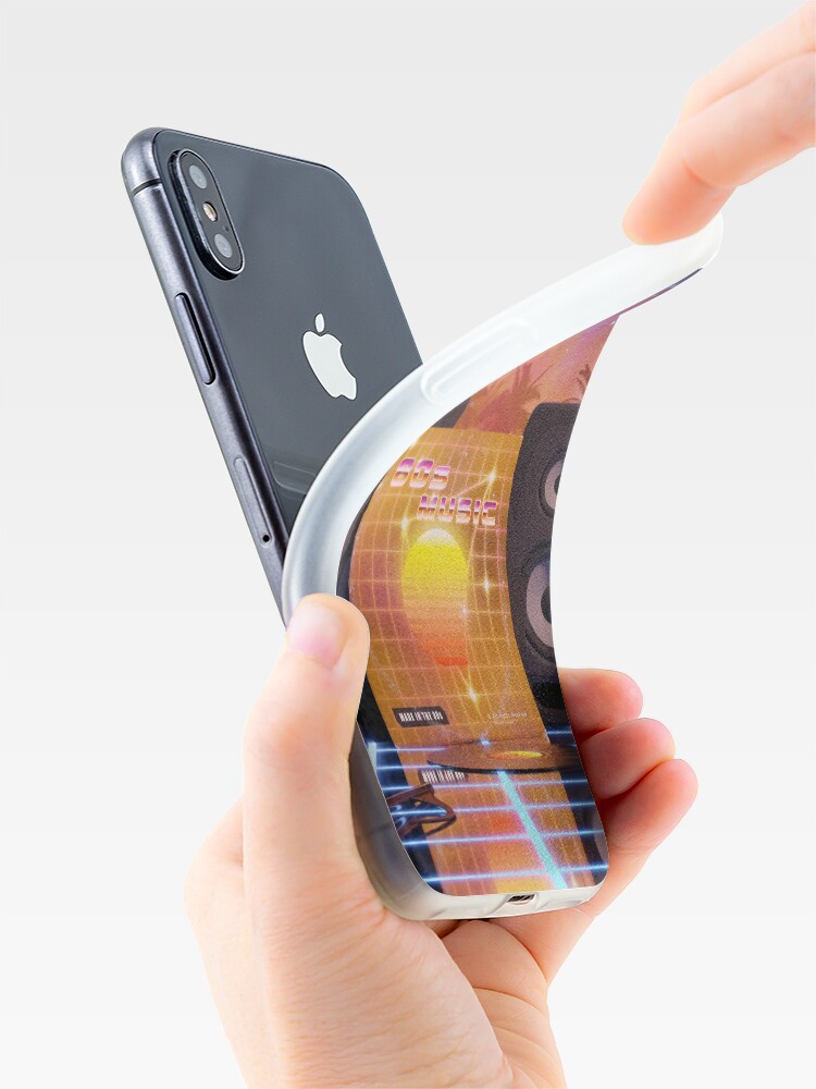 Alternate view of 80s music in music land with palm trees iPhone Case