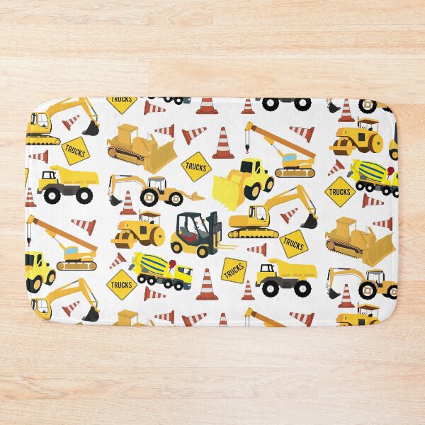 Construction Trucks Pattern - Excavator, Dump Truck, Backhoe and more. Bath Mat