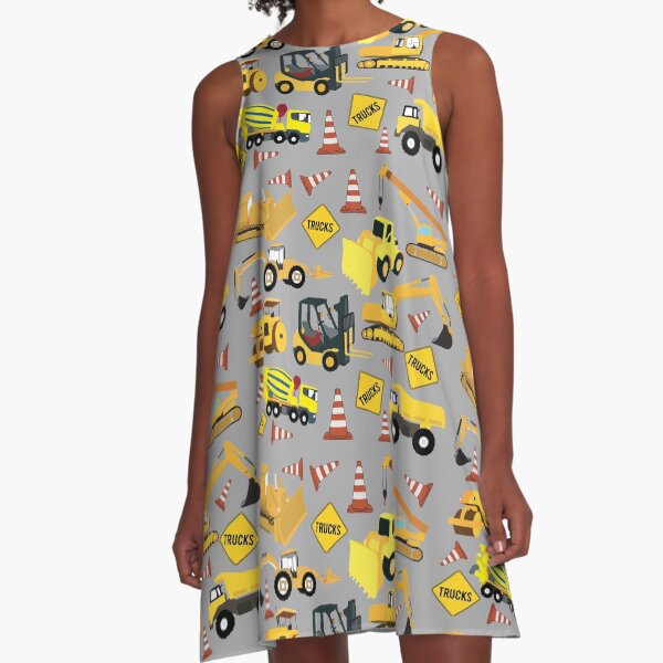 Construction Trucks Party - Excavator, Dump Truck, Backhoe and more. A-Line Dress