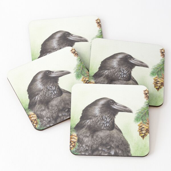 Item preview, Raven on Fir with Pine cones designed and sold by alligalli-art.