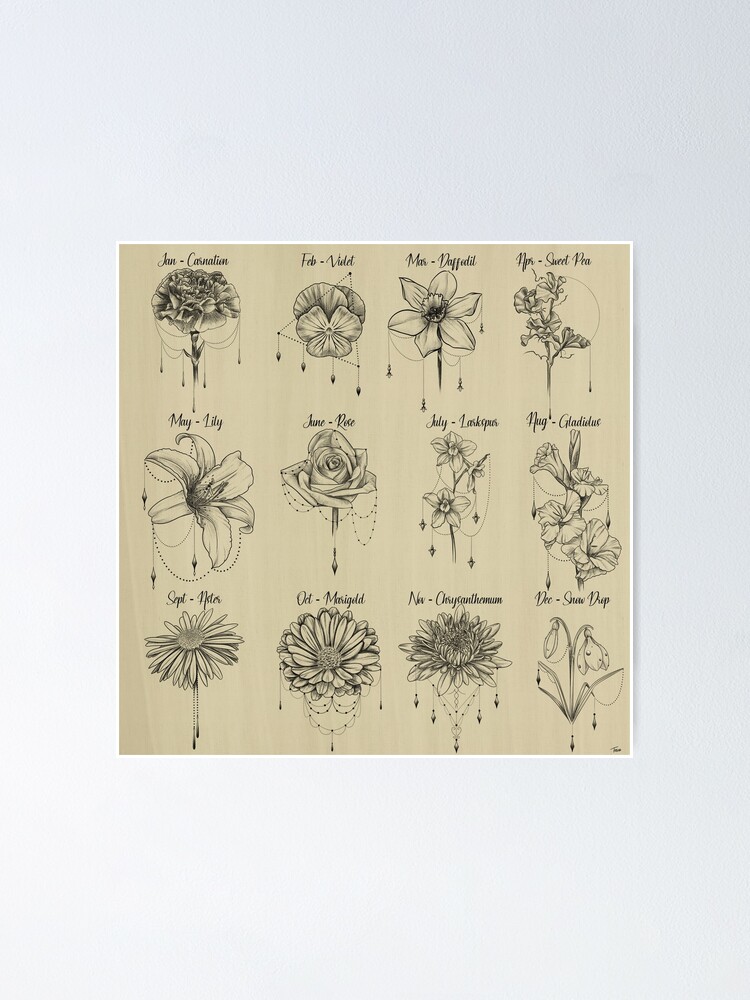 Poster « Dessins de tatouage fleur de naissance », par Ink-Imaginarium |  Redbubble