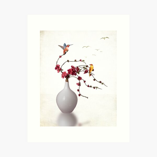 White Vase of Flowers on White Space Art Print