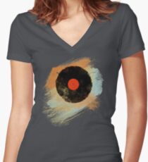 Vinyl Record Retro T-Shirt - Vinyl Records Modern Grunge Design Women's Fitted V-Neck T-Shirt