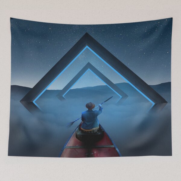 Item preview, Man in Boat Rowing Through Blue Gates designed and sold by JoelMakesArt.