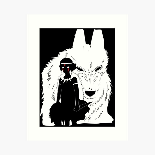 Prinzessin Mononoke und Wolf Illustration - Schwarzweiss Kunstdruck