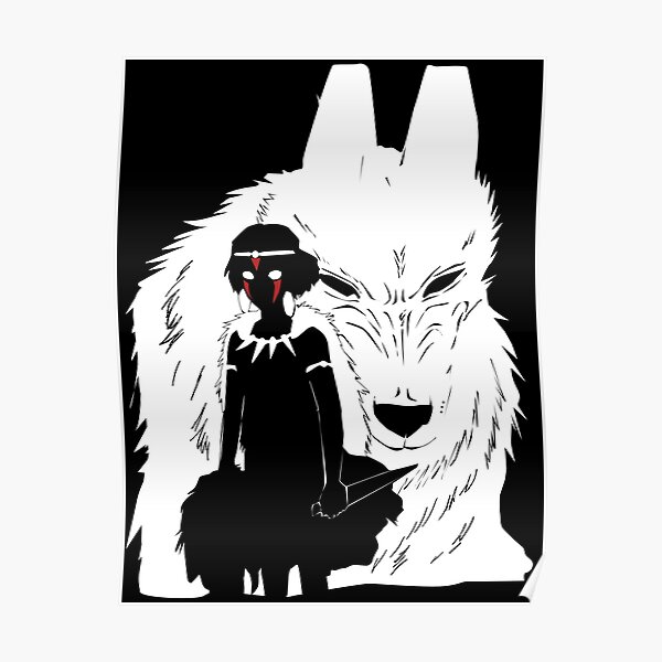 Princess Mononoke And Wolf Illustration - Black And White Poster