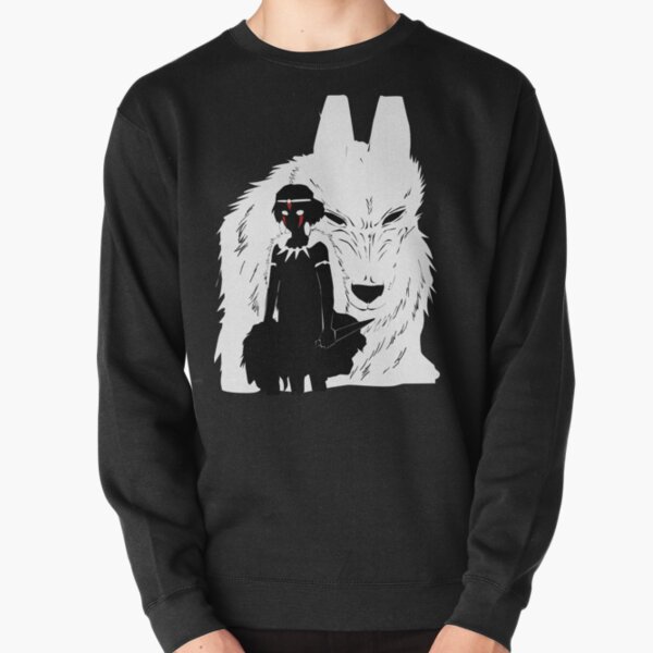 Princess Mononoke And Wolf Illustration - Black And White Pullover Sweatshirt