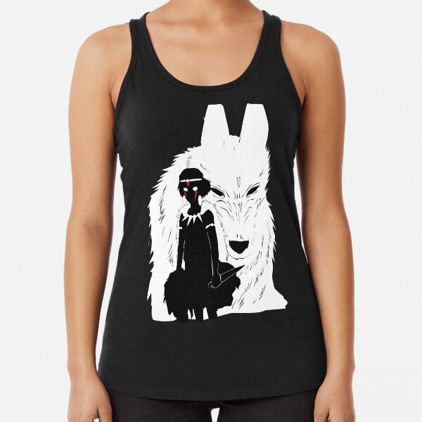 Princess Mononoke And Wolf Illustration - Black And White Racerback Tank Top