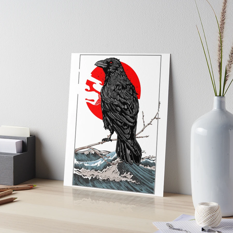 Vintage Retro Style Tee Red Moon Raven Graphic Black Crow