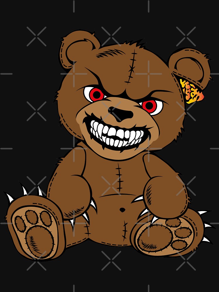 Brown evil teddy bear with red eyes and toothy smile Poster for