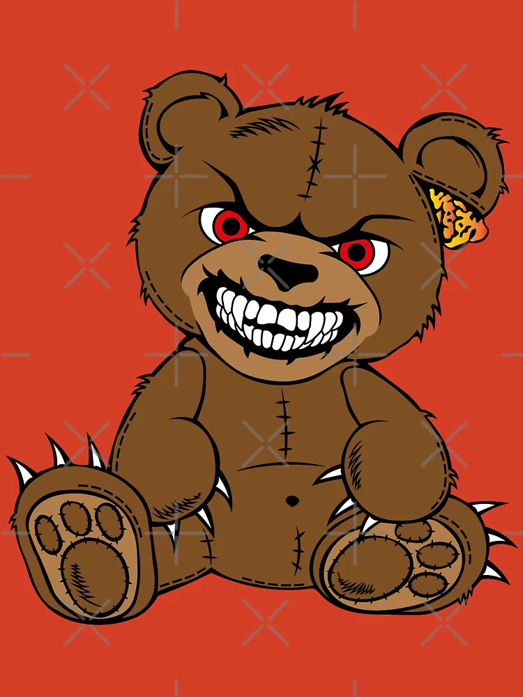 Brown evil teddy bear with red eyes and toothy smile Poster for