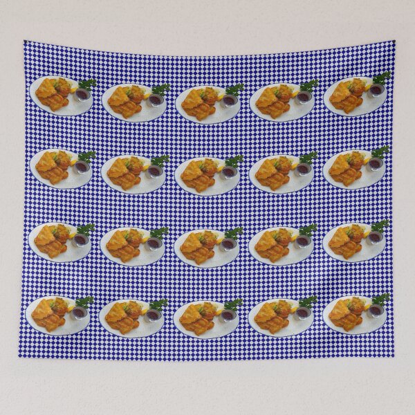 Item preview, Munchner Schnitzel Bavarian Blue Checkered Tablecloth  designed and sold by SaltCitySage.