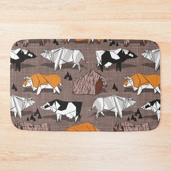 Item preview, Origami cattle friends // brown linen texture background orange brown grey black and white geometric ox bulls and cows  designed and sold by SelmaCardoso.