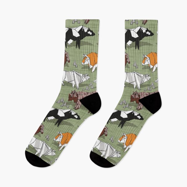 Item preview, Origami cattle friends // sage green linen texture background orange brown grey black and white geometric ox bulls and cows  designed and sold by SelmaCardoso.