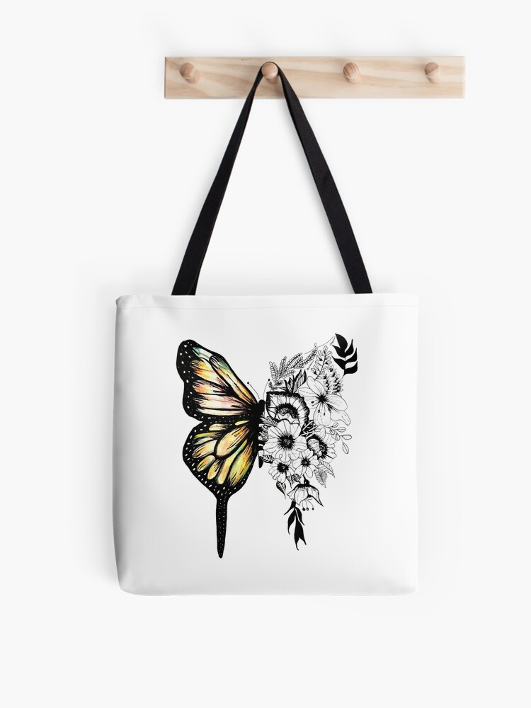 Butterfly and Flowers Large Canvas Tote Bag