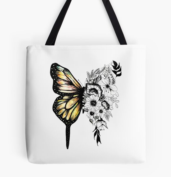 Butterfly and Flowers Large Canvas Tote Bag