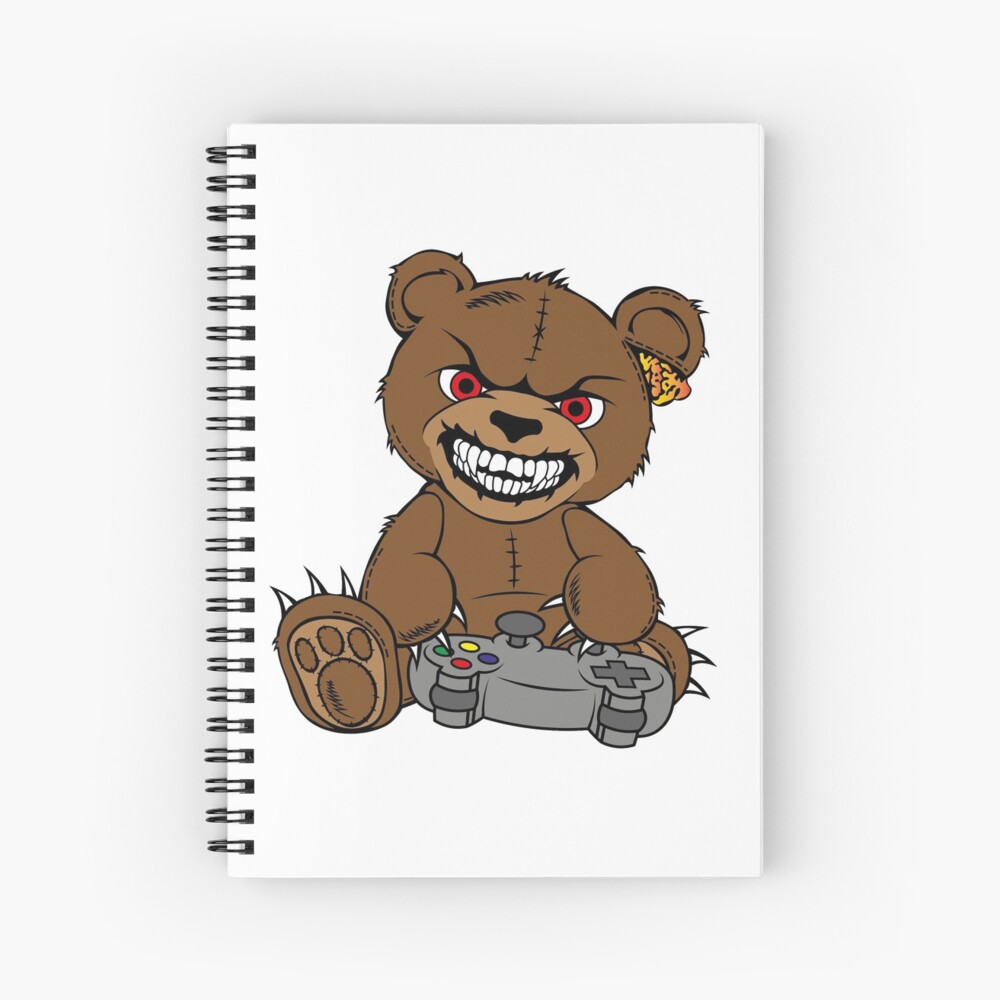 Brown angry bear with joystick, game player, cartoon bear wth red eyes,  smiling bear