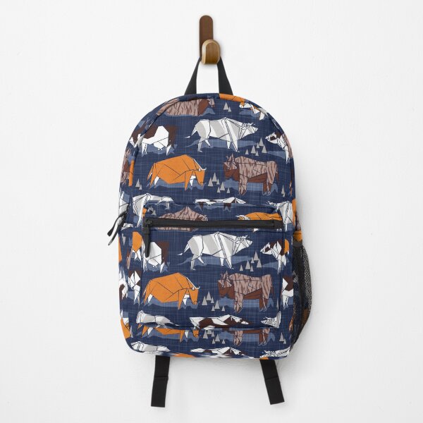 Item preview, Origami cattle friends // navy blue linen texture background orange brown grey black and white geometric ox bulls and cows designed and sold by SelmaCardoso.