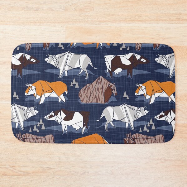 Item preview, Origami cattle friends // navy blue linen texture background orange brown grey black and white geometric ox bulls and cows  designed and sold by SelmaCardoso.