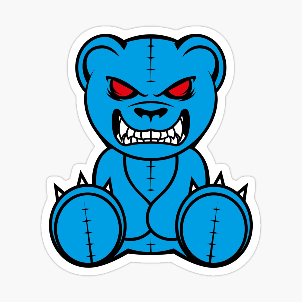 Blue angry teddy bear with red eyes and white teeth