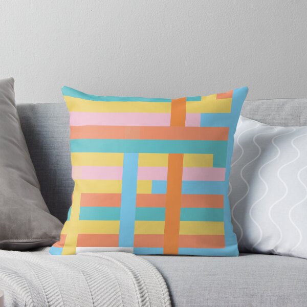 Multi Coloured Linear Geometric - Coral, Mustard Yellow, Pink Throw Pillow