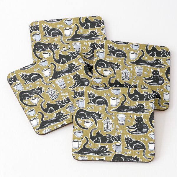 Item preview, Black Cats & Coffee on Mustard  designed and sold by TigaTiga.