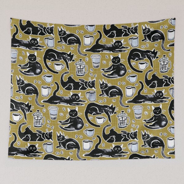 Item preview, Black Cats & Coffee on Mustard  designed and sold by TigaTiga.