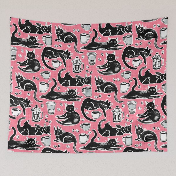 Item preview, Black Cats & Coffee on Strawberry Pink designed and sold by TigaTiga.