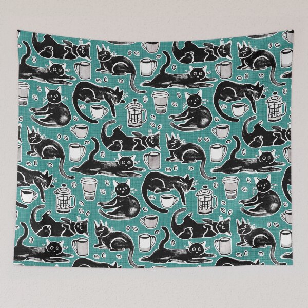 Item preview, Black Cats & Coffee on Teal designed and sold by TigaTiga.