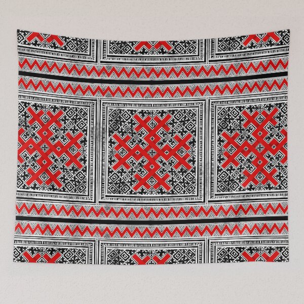 Item preview, Hmong embroidery. Traditional Hmong batik cloth handmade, written, painted in white and decorated in red zigzag. designed and sold by Paphawarin.