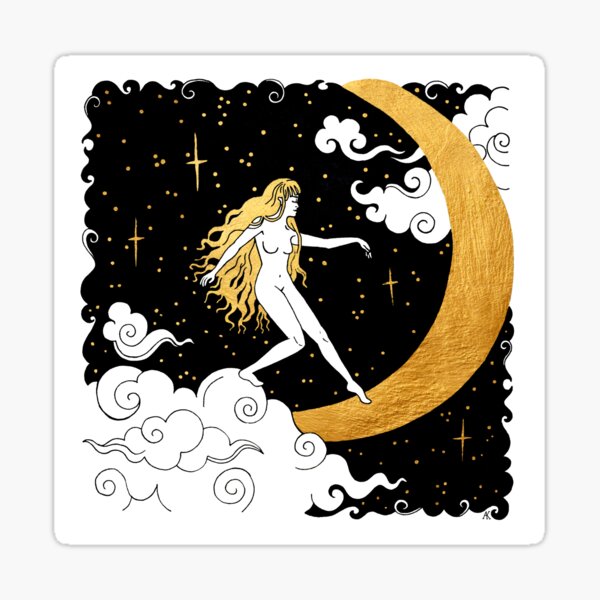 Dancer On The Moon Night Sky And Clouds Nude Drawing Illustration Sticker By Ricetraveler