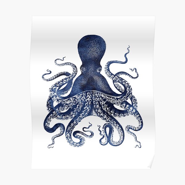 Octopus Print Watercolor Navy Blue by Zouzounio Art Poster