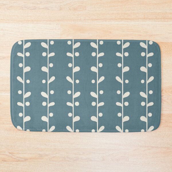 Cottagecore Blue and White Bold Leaf Print Bath Mat