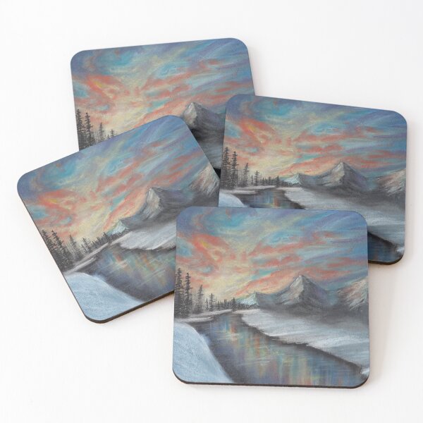 Item preview, Pastel Winter Sunset with River Trees and Snowy Mountains a Landscape in Pastels designed and sold by PrettyLittlePic.