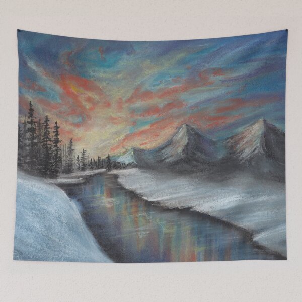 Item preview, Pastel Winter Sunset with River Trees and Snowy Mountains a Landscape in Pastels designed and sold by PrettyLittlePic.