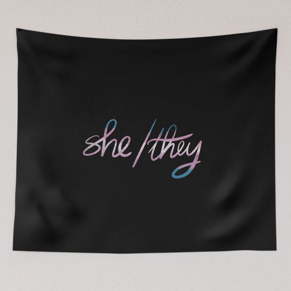 Item preview, She they pronoun pin non binary trans flag designed and sold by tragiciandesign.