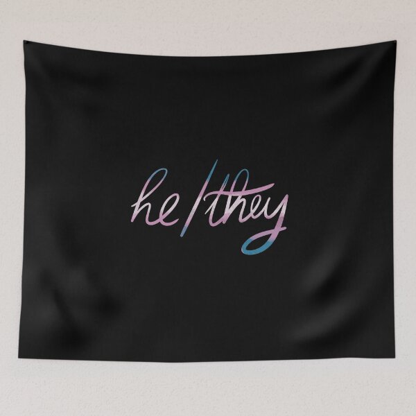 Item preview, He they pronoun pin non binary trans flag designed and sold by tragiciandesign.