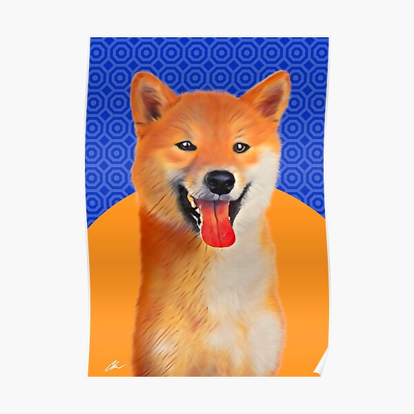 Cute Golden Akita Dog graphic design art on gold and blue background Poster