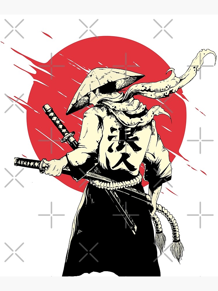 Vintage Japanese Samurai Warrior red moon