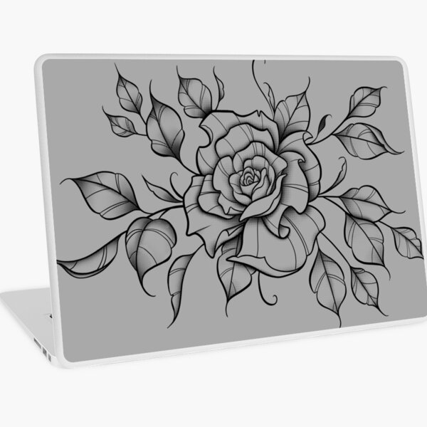Neo Traditional Rose with Leaf Arrangement - Colorblack Laptop Skin