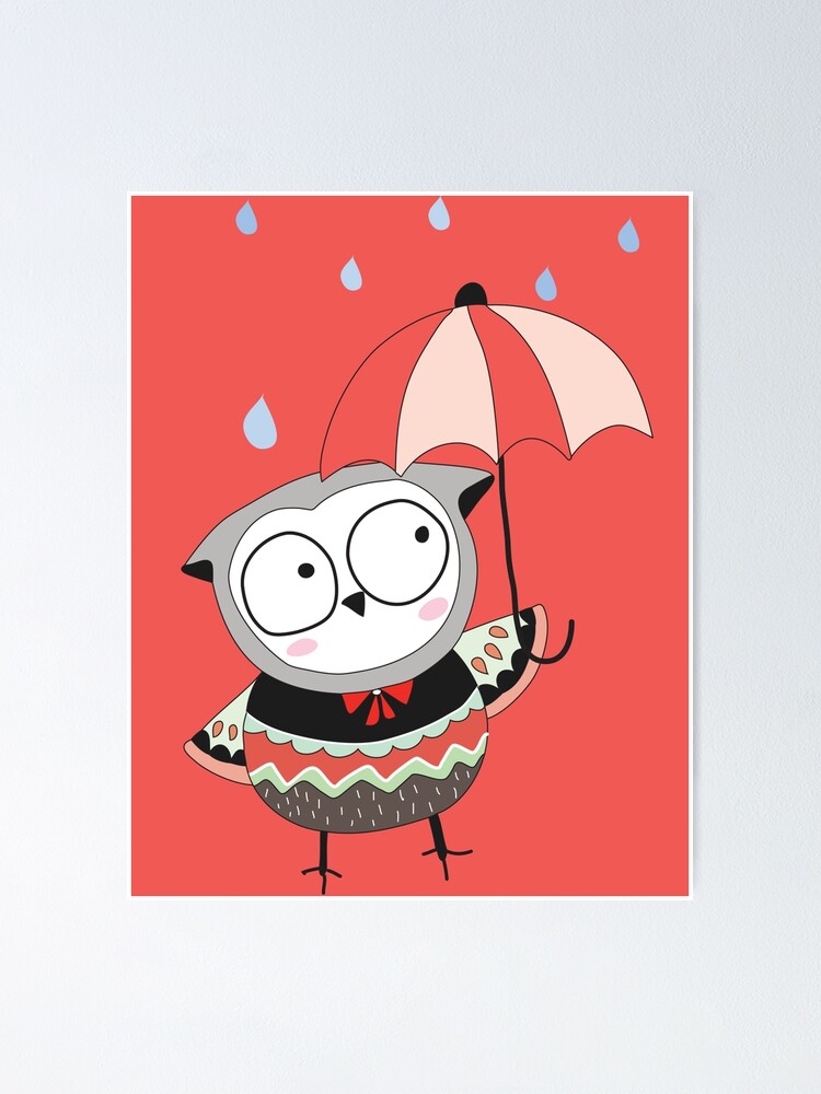 Cartoon Birds Rainy Day Owl Poster By Peacockcards Redbubble