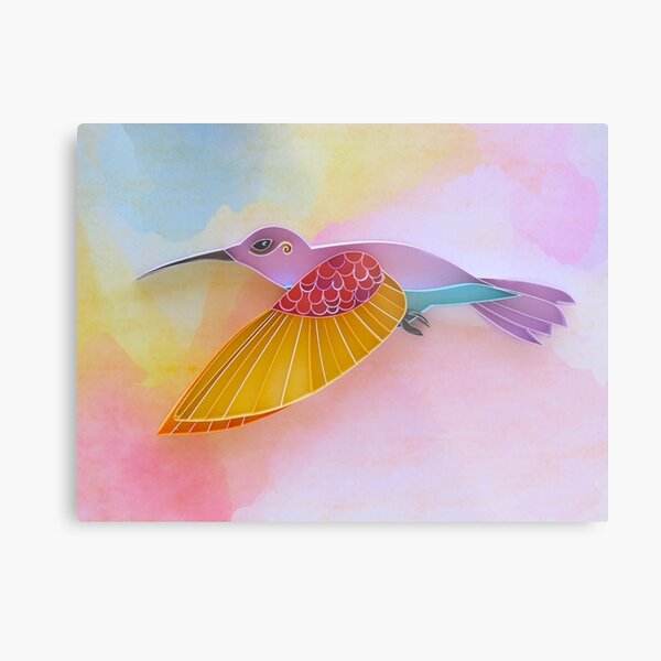 Yellow and Purple Hummingbird on Rainbow Background Metal Print