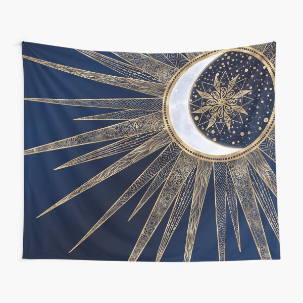 Blue Gold Sun Moon Mandala Doodling Art Tapestry