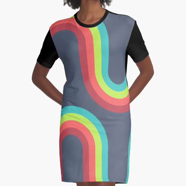 70s Pattern Waves Bright Green, Soft Blue, Teal and Soft Orange Tones Pattern Graphic T-Shirt Dress