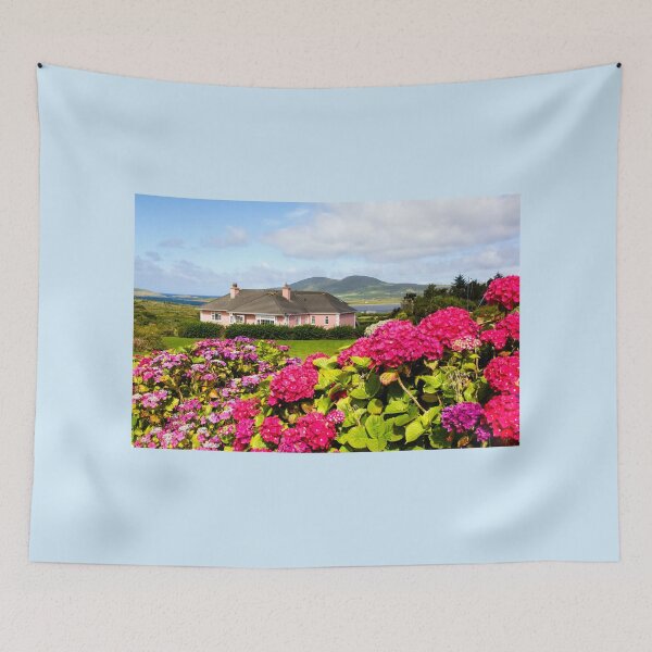 Item preview, Irish countryside with hydrangeas blooming on the foreground  designed and sold by Rrrainbow.