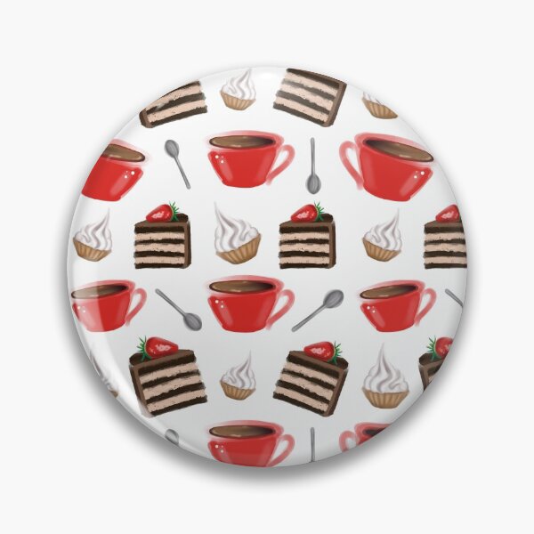 Item preview, Pattern of cakes, coffee and spoons on a white background. It is painted in bright colors, with shades of strawberry and chocolate in the foreground. designed and sold by Aksena.