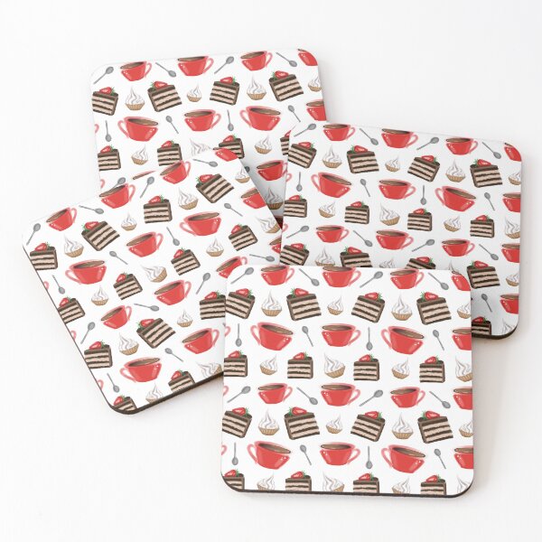 Item preview, Pattern of cakes, coffee and spoons on a white background. It is painted in bright colors, with shades of strawberry and chocolate in the foreground. designed and sold by Aksena.