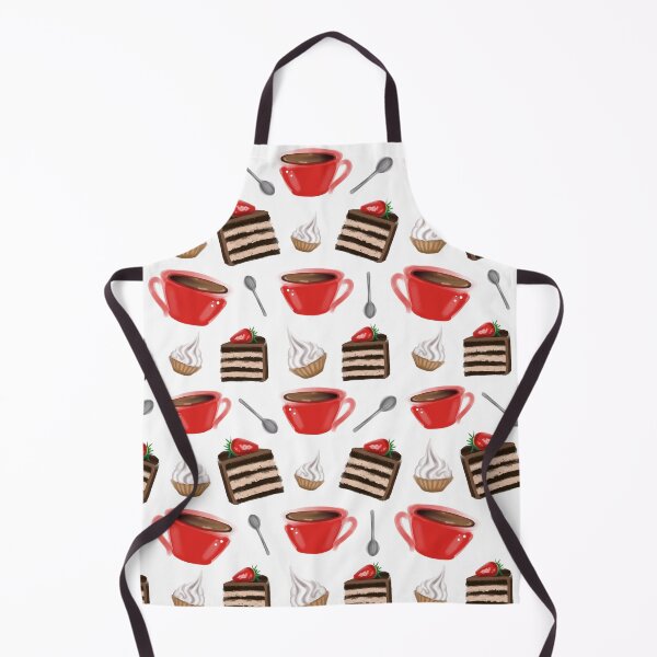 Item preview, Pattern of cakes, coffee and spoons on a white background. It is painted in bright colors, with shades of strawberry and chocolate in the foreground. designed and sold by Aksena.